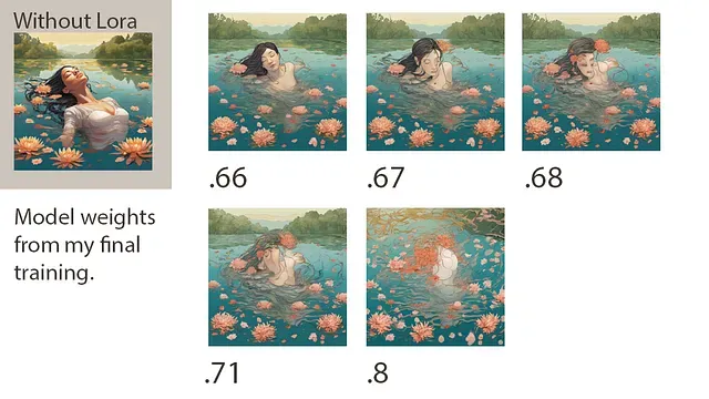 Model weight go from coherent to incoherent from .66 to .8 on a general image, this is using the safetensors file from my 3rd training, the one where I finally had observability